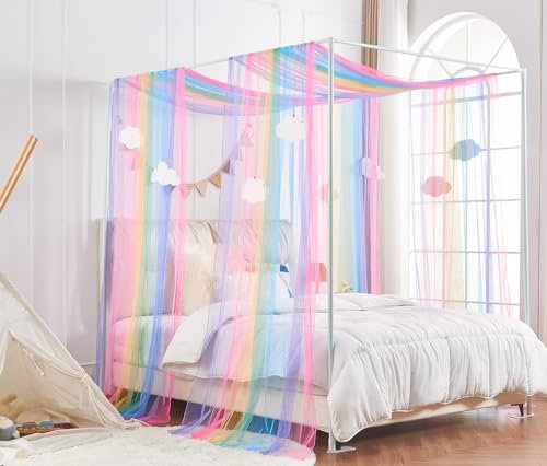 WANFASO Betthimmel mit Regenbogen-Prinzessinnen-Baldachin, Bettschal, Volant mit Wolkenornamenten, Betthimmel für Mädchen, Bettwäsche, Dekoration (Doppelbett, Regenbogen, 2 Stoffbahnen)