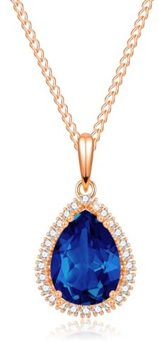 CERSLIMO Rose Gold Necklace for Women - 14K Rose Gold with Blue & White Diamond Teardrop Pendant Necklace, Dainty Jewellery Gifts for Girlfriend Wife Christmas Birthday Wedding Gifts for Bridesmaid