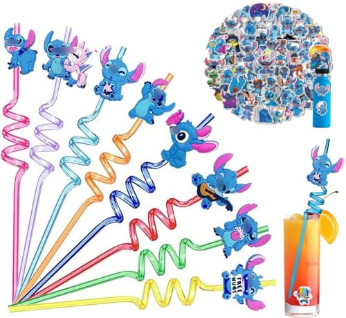 8 Stk Plastik Strohhalme,Strohhalme Kinder+100 Aufkleber für Cartoon,Strohhalme wiederverwendbar,Cocktail Strohhalme,Curly Trinkhalme Trinkschleife Strohhalme,für Geburtstagsdeko Party Mitgebsel Deko