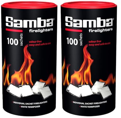 200 Samba Firestarters Firelighters Sachets - Odourless Burning & Easy to Light - For BBQs Barbecues Wood Burner Wood-Fired Ovens Stoves Fireplaces & Campfires - 2 Tubes