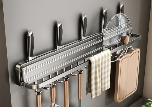 LNGFSH Porte Ustensiles Cuisine Aluminium Barre Ustensiles Cuisine Mural, Pliable Cuisine Porte Casserole Mural Couteaux, Porte Casseroles Mural de Suspensio (avec 10 Crochets 50cm)