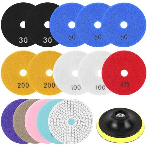 QWORK® 15 Pezzi Dischi Diamantati per Lucidatura, 100 mm Set di Tamponi per Lucidatura Marmo, Tamponi per Lucidatura a Grana 50-8000, per Piastrelle, Cemento, Granito, Pietra