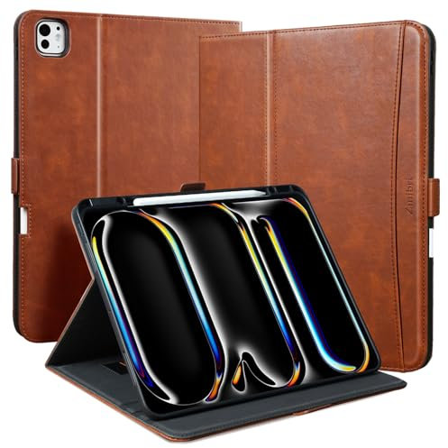 Zinibri Handgemacht Hülle für iPad Pro 11 Zoll M4 2024 A2836 A2837 mit Stifthalter Handschlaufe Tasche, PU Leder Schutzhülle Magnetverschluss Multi Winkle Stand Case Cover Auto Schlaf/Wach, Braun