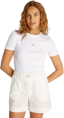 Calvin Klein Damen T-Shirt Kurzarm Woven Label Rib Tee Slim Fit, Weiß (Brilliant White), XS
