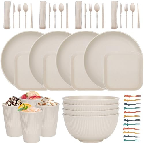 Ensembles de vaisselle incassables de 48 pièces pour 4 personnes, service de table réutilisable, service de table de camping à domicile Assiettes, bols, tasses, couverts, fourchettes en plastique