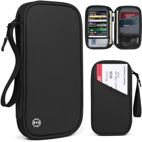 GreatRise Reisebrieftasche wasserdichte Reisepasshülle Reisepass Tasche Familie Reiseorganizer mit RFID-Blocker Ausweistasche Reisepasshalter Passport Flugticket Holder Schwarz Klein=21x12.5x2.8cm