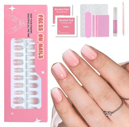 Falsche Nägel Tips Set - 30 Stück Pink Farbverlauf Soft Gel Press On Nails Kurz mit Gelkleber - Nägel zum Aufkleben Full Cover in Salonqualität Natürliches & Angenehmes Tragegefühl (Rosa Ombre)