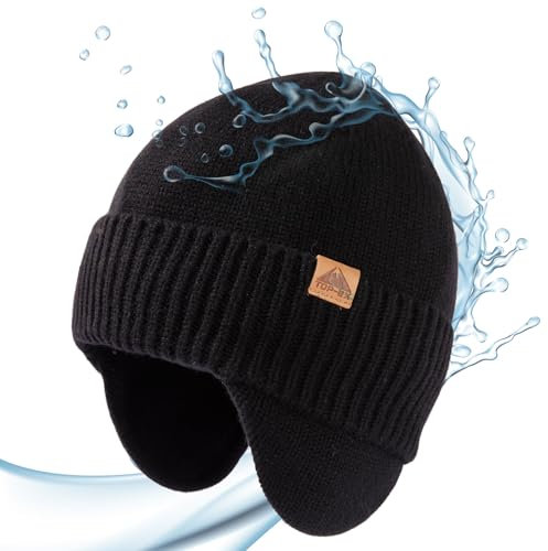 TOP-EX XL/XXL 80% Merinowolle wasserdichte Beanie Herren Damen mit Ohrenschutz Warm Wintermütze Strickmuetze mit Fleecefutter Outdoor Ski Mütze Schwarz M/L