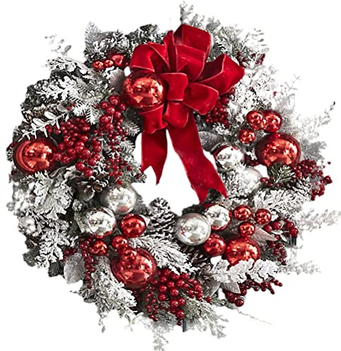40cm Christmas Wreath, Shiny Red and White Decorations with Pine Cones and Red Berries, for Home Decoration, Holiday Door Ornaments