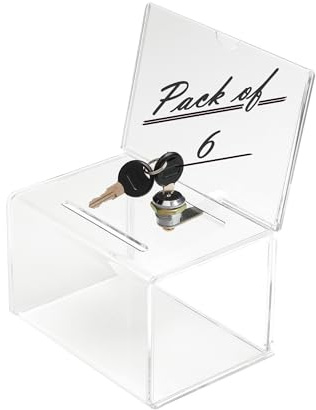 Deflecto Crystal Suggestion Box with Lock, Pack 6, 16.5x20.5x13.5cm, 2 Keys | Lockable collection box for suggestions or donations. Includes 2 keys. Clear crystal finish.