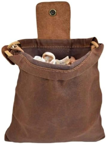 Waxed Canvas Foraging Pouch, Collapsible Foraging Bags with Drawstring, Leather Mushroom Belt Pouch for Hiking Camping Hunting Outdoor Tools Storage (Brown)