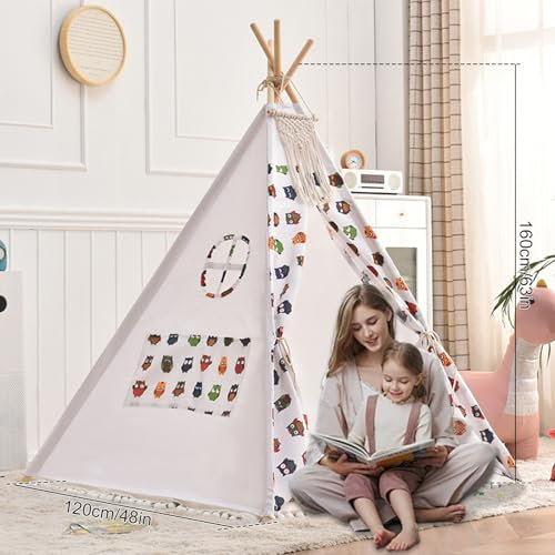 Tipi Zelt 120x120x160cm Spielzelt mit Filzkugel Indoor Spielhaus Mehrere Farben Segeltuch Tipizelt Lesezelt&Spielzimmer Kinderzelt (Eulen)