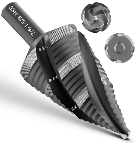 KAKILFOB Four Spiral Flute Step Drill Bit, HSS Step Drill Bit3/16-1-3/8 (19 Steps) Unibit Step Drill Bit, 1/4 Shank Step Bits for Aluminum, Wood, Plastic, Metal