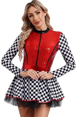 CHICTRY Rennfahrer Kostüm Damen Schachbrettmuster Kleid Langarm Pailletten Overall Kurz Jumpsuit Mit Tutu Tüllrock Für Fasching Karneval Mottoparty Rot S