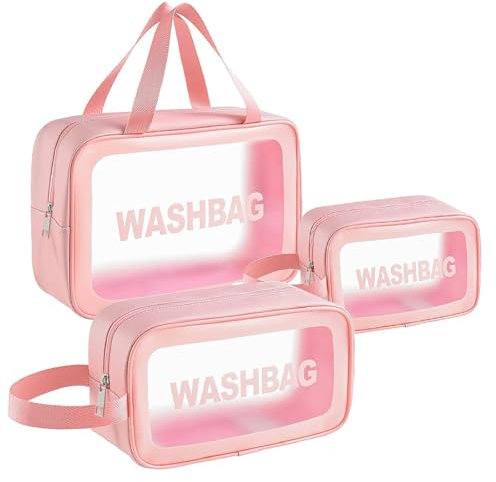 KOOSREEL Clear Travel Toiletries Bag for Women, 3 Pack Toiletry Bags with Zippers Travel Essentials PVC Waterproof Cosmetic Clear Wash Bag for Girls