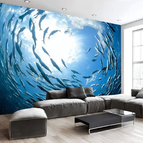 Fototapete 3D Effekt Wand Dekoration, Ozean Fische Seidentuch tapete, 450x315cm (B×H) Wohnzimmer Schlafzimmer Meereslebewesen Tapete Wandtapete UV-Beständig Montagefertig