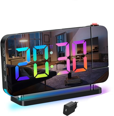 Lancoon Sveglia digitale con luce notturna ambientale, multicolore, orologio a proiezione di numeri RGB per la decorazione della casa, della camera da letto, con presa inclusa