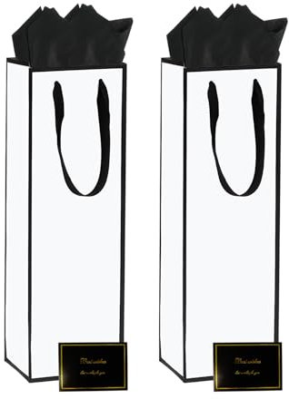 2 Pack Bottle Gift Bags with Tissue Paper and Cards, White Wine Bags with Handle for Christmas, Wedding, Birthday
