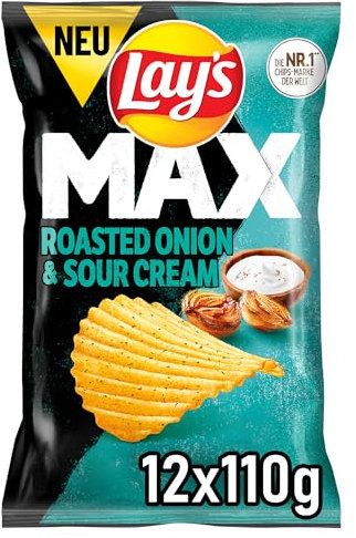 Lay's Max Roasted Onion & Sour Cream Geschmack – Knusprige Kartoffelchips für eine gelungene Party (12 x 110 g)