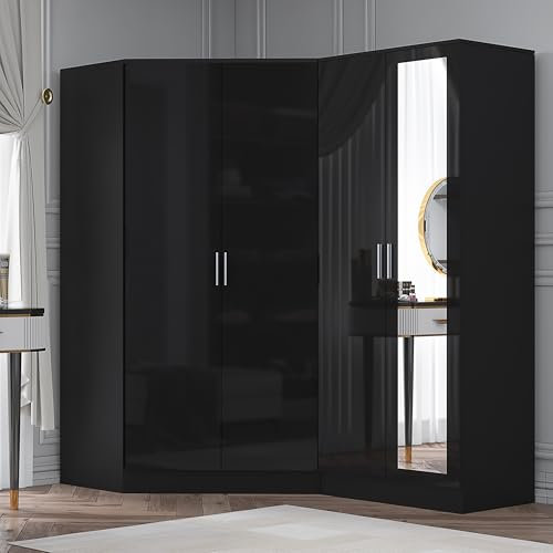 Reflect 2 Piece Bedroom Furniture Bundle - 2 Door CORNER + Double MIRROR Wardrobe (H: 180cm x W: 179cm x D: 103cm) (Black Gloss/Black Oak)