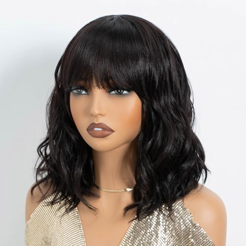 NOBLE Brown Wig with Bangs 12 Short Bob Curly Wig for Women Bob Curly Wavy Hair Wigs with Air Bangs Heat Resistant Synthetic Wigs for Cosplay Party