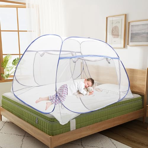 Fridgestea Doppeltür Moskitonetz Bett 200 * 180 * 145cm, Pop up Moskitozelt mit Blauer Rand, Tragbare Insektenschutz Bett-Moskitonetz mit Engmaschiges Faltbar für Camping/Schlafzimmer/Outdoor - Weiß