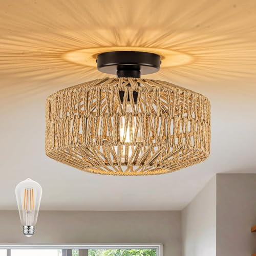 Adebime Boho Deckenleuchte Laternenform Ø30 cm Rattan Optik Metall, 800 Lumen Warmweiß (2700K), Vintage Deckenlampe für Flur Wohnzimmer Schlafzimmer, E27 Fassung inkl. 8W LED [Energieklasse E]