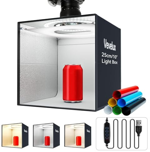 Vevelux 10x10 photo light box Portable Mini Studio with 6 Backdrops | 3 Color Temperature Adjustable 120 LEDs, 6 PVC Backdrops & 1 Diffuser, Foldable Shooting Tent for Product Photography