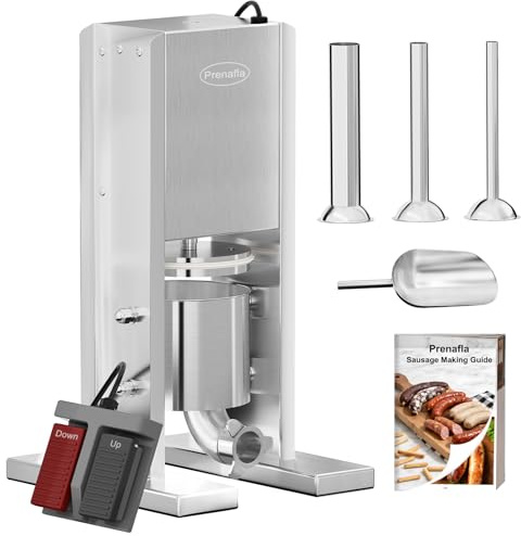 Prenafla Sausage Stuffer, 4.7Lbs/2L Electric Sausage Machine, Double Foot Pedal Sausage Maker, 304 Stainless Steel Sausage Press with 3 Stuffing Tubes & Sausage Recipe, Silver