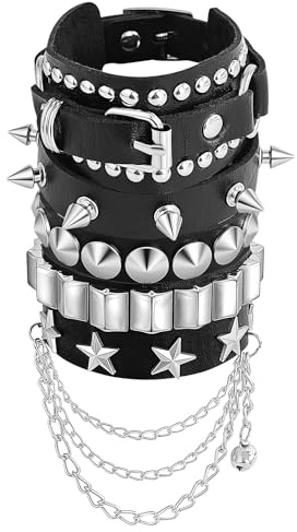 FABLENOVA Spike Bracelet for Men & Women | Adjustable Black Leather Punk Bracelets with Studs & Rivets | Goth Rock Biker Wristband-Style 3