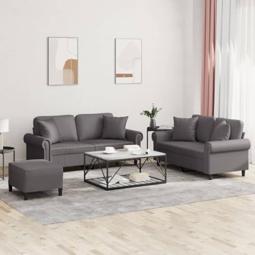 HETFTJN 3-TLG. Sofagarnitur Grau Kunstleder 2×2-Sitzer 152x77 cm & Hocker 60x50 cm Moderne 4er Lounge Couch mit Kissen Robustes Metallgestell für Wohnzimmer Balkon Jugendzimmer