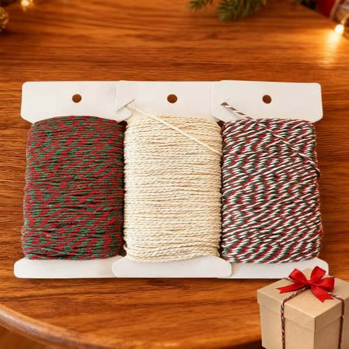 MSLSOZ Lot de 3 ficelles de Noël en coton de 50 m - 2 mm - Rouge vert et blanc - Pour loisirs créatifs, décoration, emballage cadeau, décoration de Noël (150 m au total)