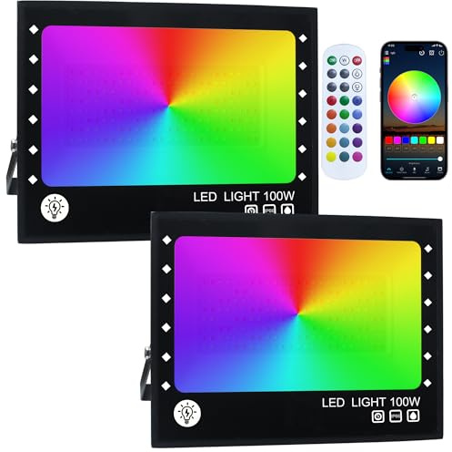 OUSIDE RGB LED Strahler 100W, 2er Set Außen Flutlicht mit 2.4G Fernbedienung & Bluetooth App, 16 Million Farben, 20 Modi, IP66 Wasserdicht Außenstrahler für Garten und Hof