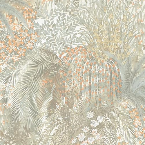 Grandeco Paradise Trees Foliage and Flowers Smooth Wallpaper, Neutral Teal Orange