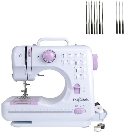 Crafts&Co® Nähmaschine & Nadelset Combideal | Mini-Nähmaschine für Anfänger mit 12 Stichen | Universelle Nadeln für Verschiedene Stoffe und Materialien | Weiß-Lila