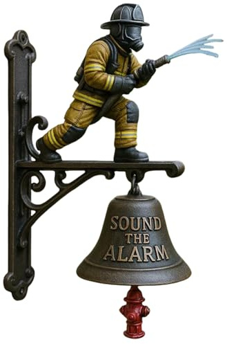 Feuerwehrmann Türglocke mit Wandhalterung – Dekorative Glocke mit “Sound the Alarm“ Schriftzug & Hydrant Detail, 25 cm, Vintage Design für Haustür