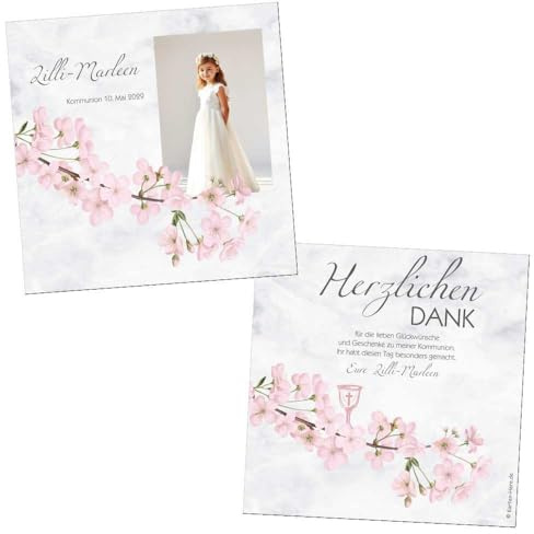 Dankeskarte Kommunion mit Foto, Personalisierbar, Quadratisch 14,5 x 14,5 | cm, Beidseitig Bedruckt, Karton, rosa Kirschblüte Design, 5-100 Stück
