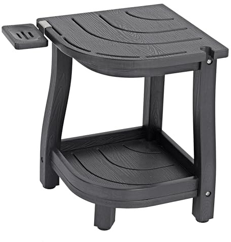 HABAU Premium Eckduschhocker aus HIPS Kunststoff in Holzoptik, Schwarz | Badhocker mit Ablage, Seifenschale & Duschkopfhalterung - Wasserfest, Rostfrei & Rutschfest