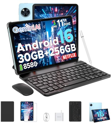 U11 Pro Android 16 AI Tablet with Gemini, 30GB+ 256GB(2TB TF), 11 Inch 90Hz IPS, 8580mAh Octa-Core, Widevine L1/5G WiFi/ GPS/ Face Unlock – Keyboard, Pen, Mouse & Case Included, Ideal for Gaming&Study