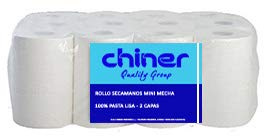 Chiner Pack 12 Rollos Secamanos Mini-Mecha 2 Capas | 100% celulosa, Blanco natural, 20 cm de ancho, 75 m por rollo, Para dispensadores industriales