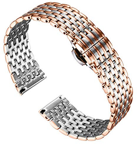 BINLUN Ultra Dünnes Mesh Edelstahl Uhrenarmbände Leicht Metall Uhrenarmband Polierte Ersatz Uhr Armband für Herren Damen mit Schmetterlingsschließe(12mm Silber und Roségold)