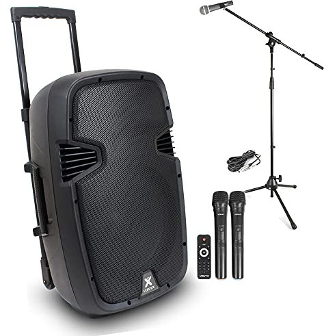 Vonyx SPJ-PA912 Portable PA System - 12-inch 500W Wireless Bluetooth Speaker Set with 2 UHF Microphones, Battery Powered, USB/SD Media Player & Stand