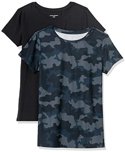 Amazon Essentials Women's Active Quick Dry Tech Stretch Short-Sleeve Crewneck T-Shirt (Available in Plus Size), Pack of 2, Black/Navy Camo, XL