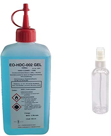 Profi-Set EO-HDC-002 Gel hellblau, 500 ml Flasche mit Ausgießer, hochkonzentrierter Ethanol/Wasser Reiniger, über 90% Ethanol + 100 ml Handsprühflasche (leer) für unterwegs