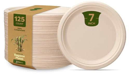 Comfy Package 100% Compostable 7 Inch Disposable Plates [125 Pack] – Heavy Duty Biodegradable Plates | 7 Inch Disposable Plates | Eco-Friendly Unbleached Sugarcane Paper Plates