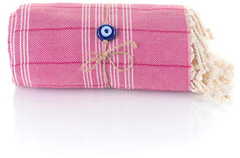 Toalla de Hammam Turca Pestemal Con el Mal de Ojo 100% Algodón para el Baño, la Playa y el Gimnasio, secado rápido, 90*180cm, 600 gr, Toalla de compacta para viajar, Spa, Picnic, Manta, Colcha (Rosa)