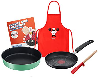 Tefal Chefclub by Tefal Set de cuisine Hungry Kids Emergency Poêle 19 cm, Moule à manqué 26 cm, Mini-spatule, Tablier de cuisine enfant, Livret de recettes E5119002