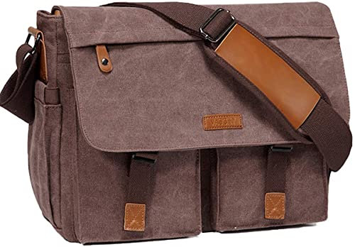VASCHY Bolso Hombre Bandolera, Bolso Mensajero Lona Bolsa Ordenador Portátil 14 Pulgadas Bolso Universidad Impermeable Maletín con Bandolera Acolchada para Trabajo Viaje Esculea (Café-14 Pulgadas)