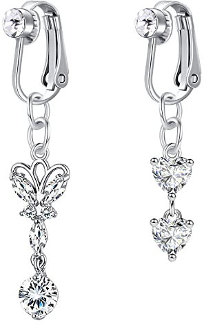 VCMART 2er Silber Clip On Bauchnabelpiercing Fake Piercing Bauchnabel Klemme Rings mit Schmetterling Herz