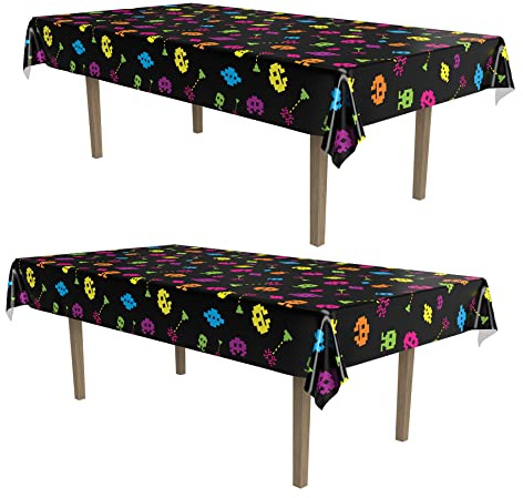 Beistle 80's Tablecovers, 54 x 108, 2 Pieces – Plastic Rectangular Tablecloth, Table Covers for Party, 80's Party Decorations, Birthday Party Decorations, Video Game Party Supplies, Multi Color